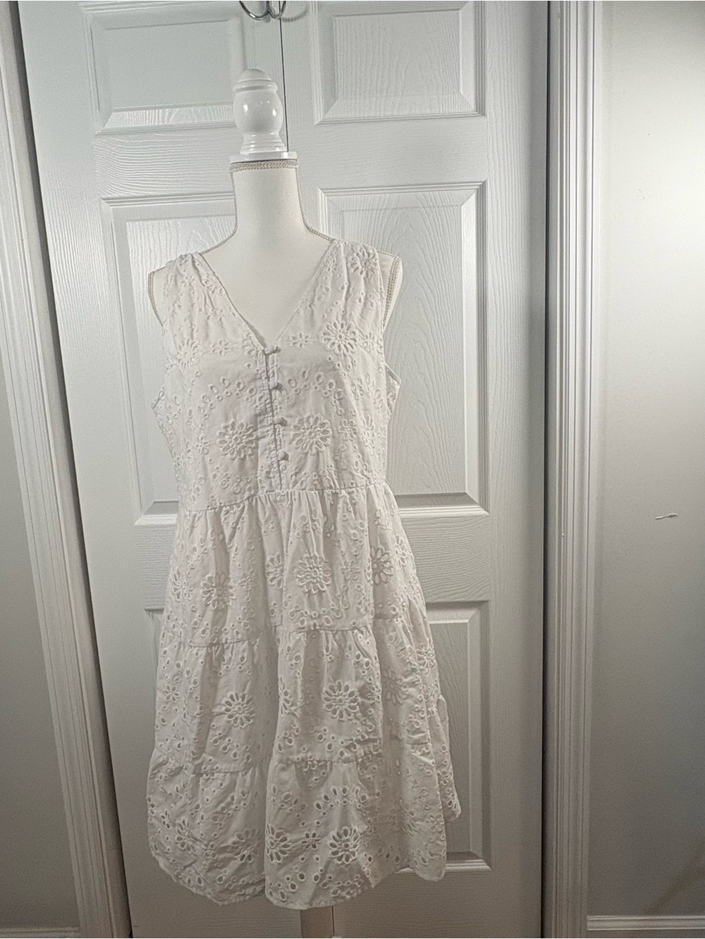 White Eyelet Tiered Midi Dress Boho Cottagecore Prairie Pockets Women’s L